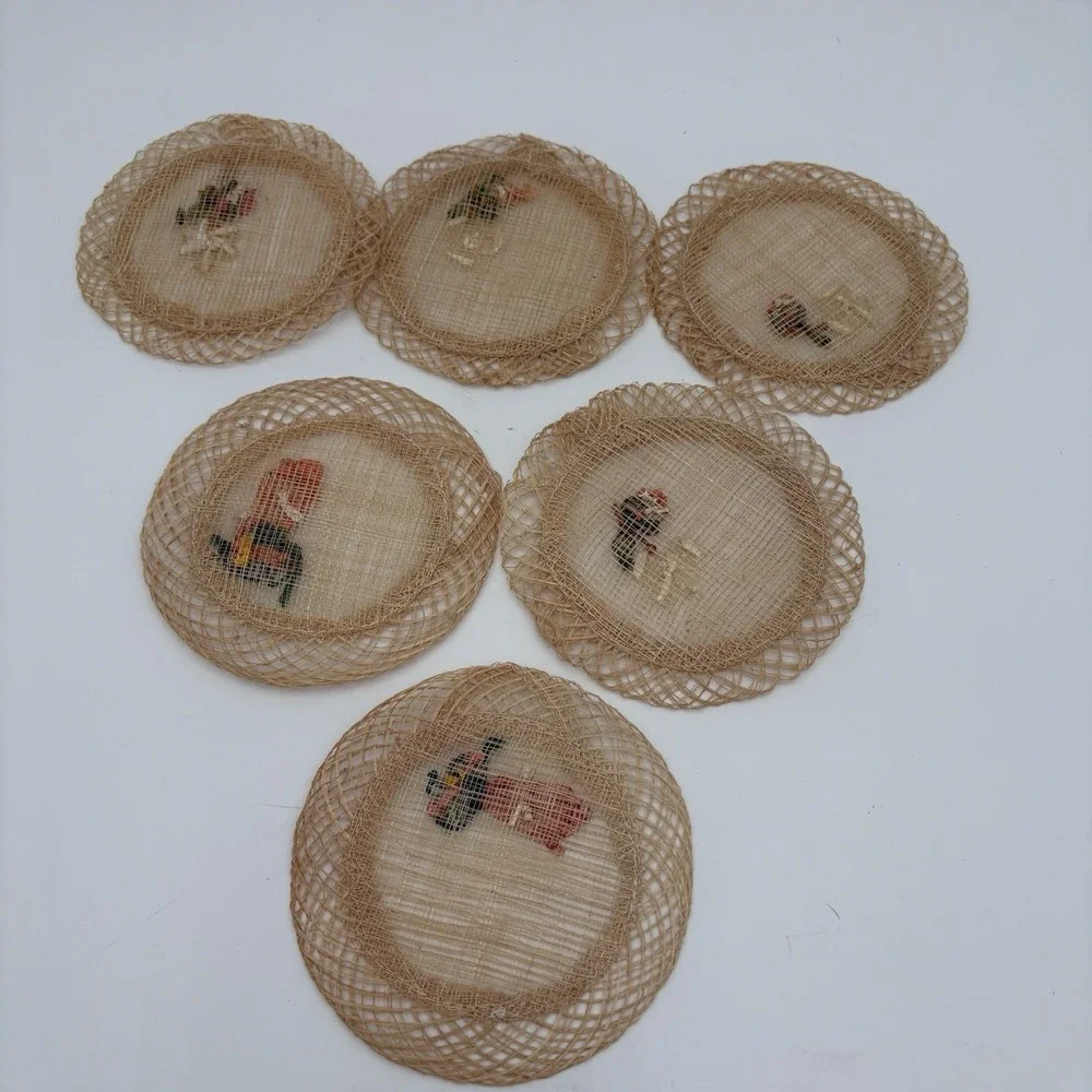 Handwoven Raffia Straw Round‎ Coasters Embroidered Flowers 6